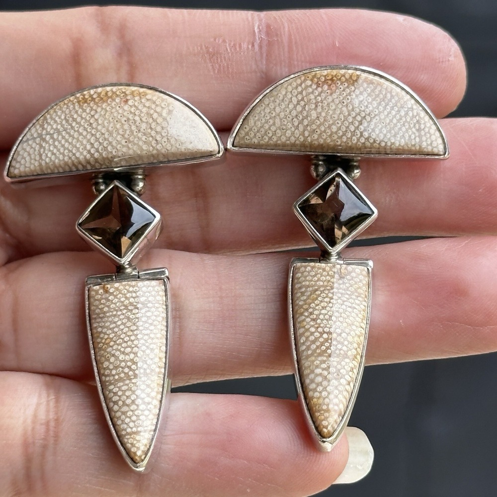 Kim Cevora Dangle Earrings 1.9 Inch Smoky Quartz Petrified Palm Sterling 19.1g